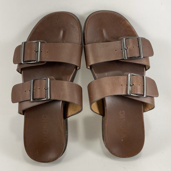 Vionic Charlie Slide Sandals Mens Size 8 Brown Leather Comfort Dual Strap - Picture 5 of 9
